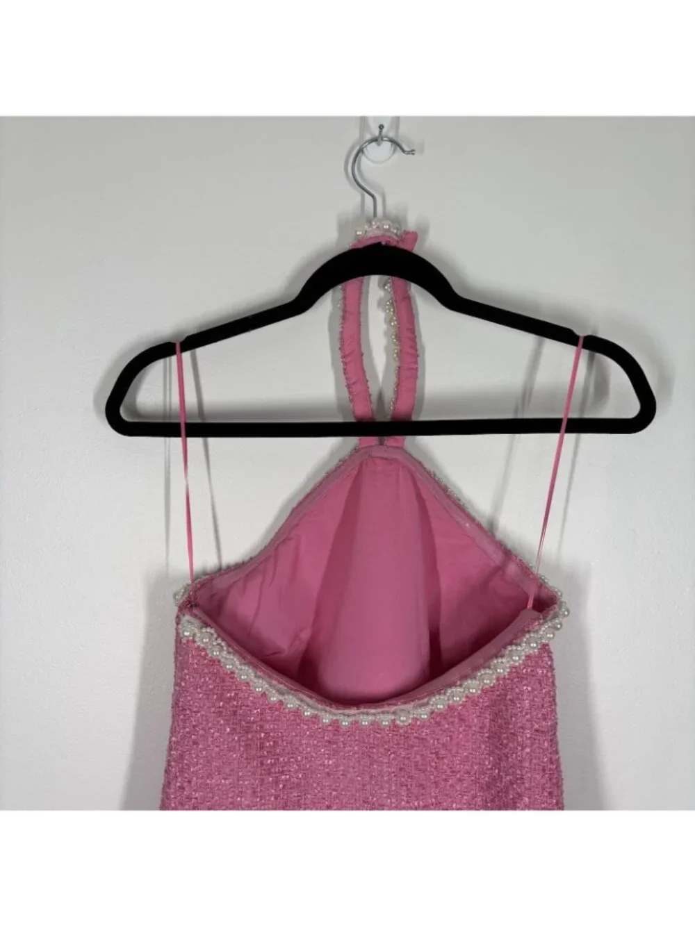 Hyacinth House Tuckernuck Women XS Pink Tweed & Pearl Petra Halter Mini Dress - Picture 8 of 13